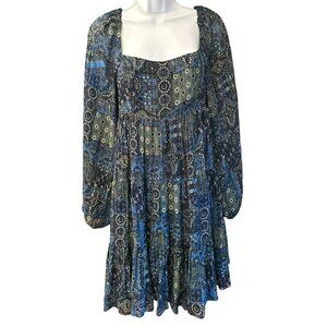 Sézane Boho Style Long Sleeve Joyce Silk Blend Baby Doll Dress Arizona Blue 36
